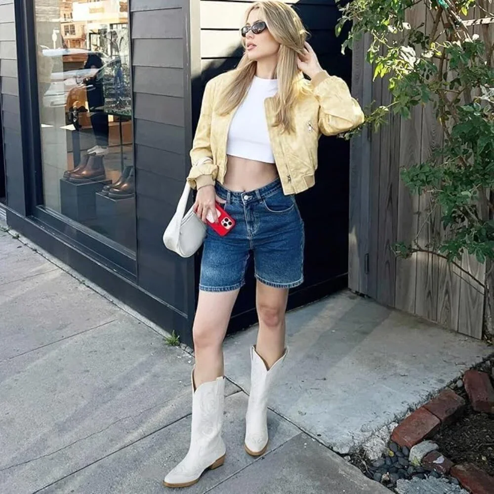 Women White Western Cowgirl Boots Snip Toe Mid-Calf Chunky Heel Ladies Shoe